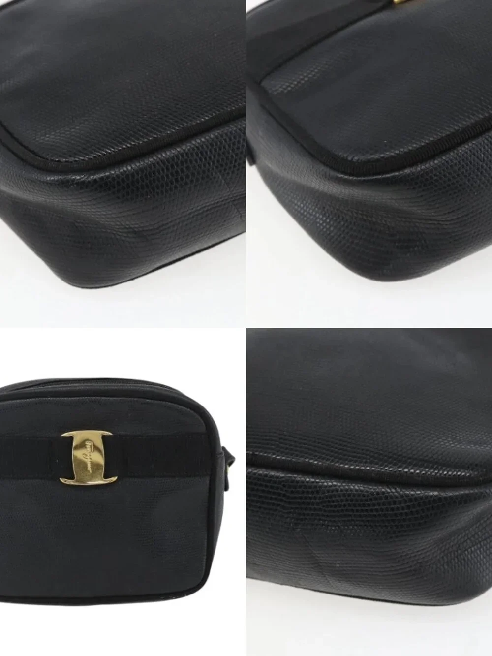 Salvatore Ferragamo Shoulder Bag Leather Black Gold Auth ka1281